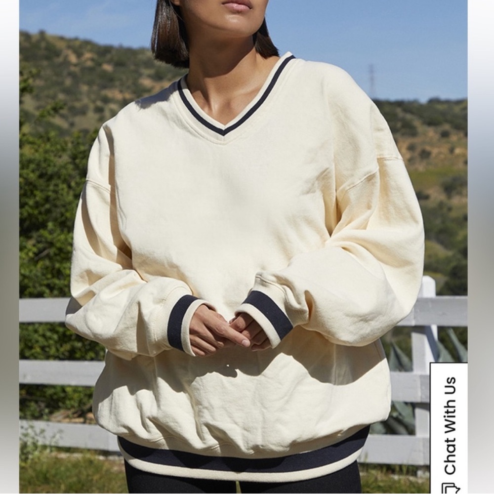 Brandy Melville Cream + Navy V Neck Pullover Sweatshirt